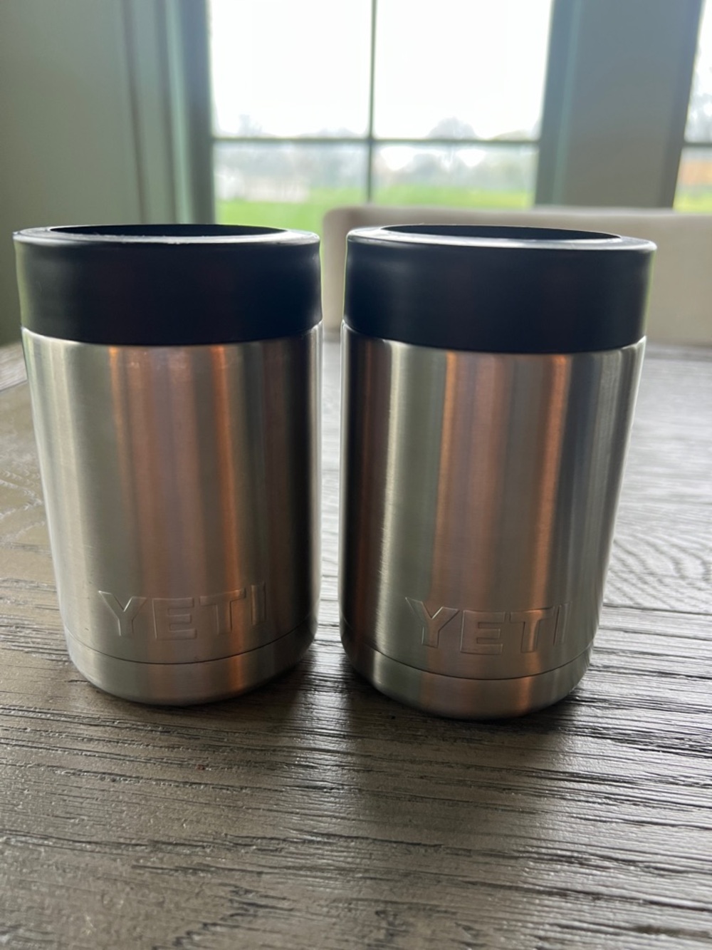 Yeti Silver Stainless Steel Can Coolers Koozie with Black Rim - Pair